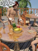 Brunette cartoon ladyboy slips out her bikini and seduced horny waiter to make anal love outdoors.